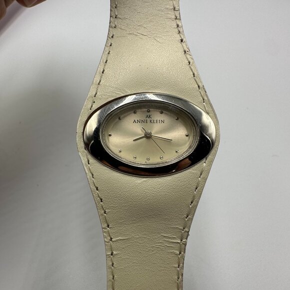3/$30 Anne Klein Watch Women Silver Tone Cream Leather Band New Battery 8.5" - Picture 2 of 13